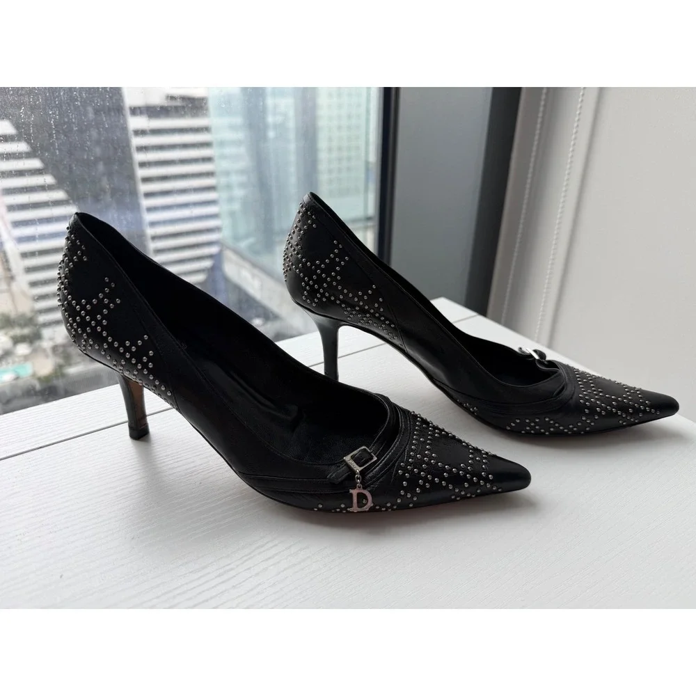 Christian Dior Black Leather Studded Pointed Toe Pumps Charm Heels Size 38